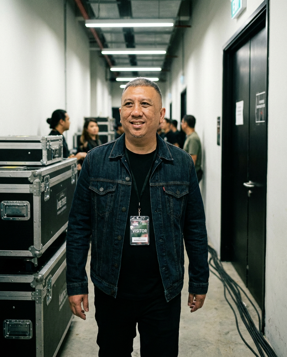 Backstage concert hallway portrait as a guest with a visitor pass.