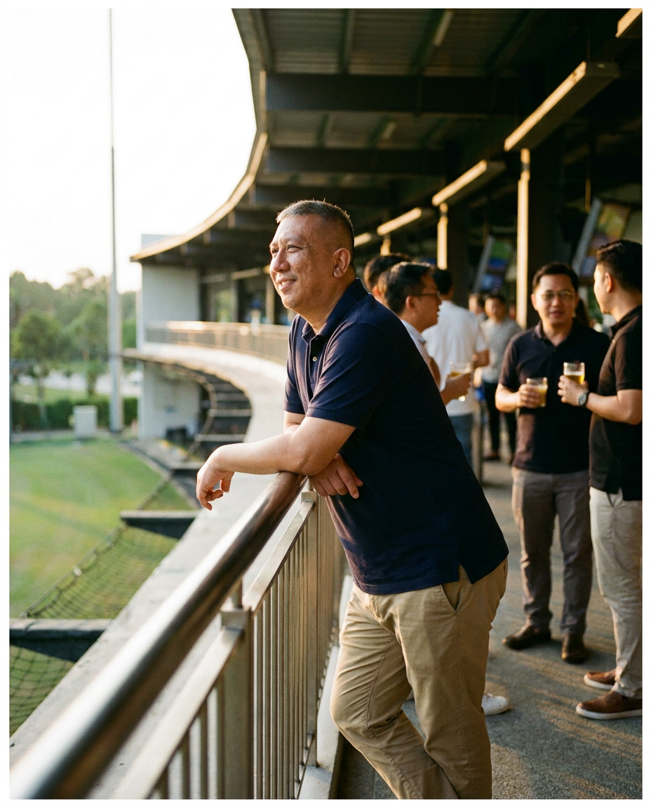 Driving range visitor portrait from a balcony viewpoint, not practicing golf.