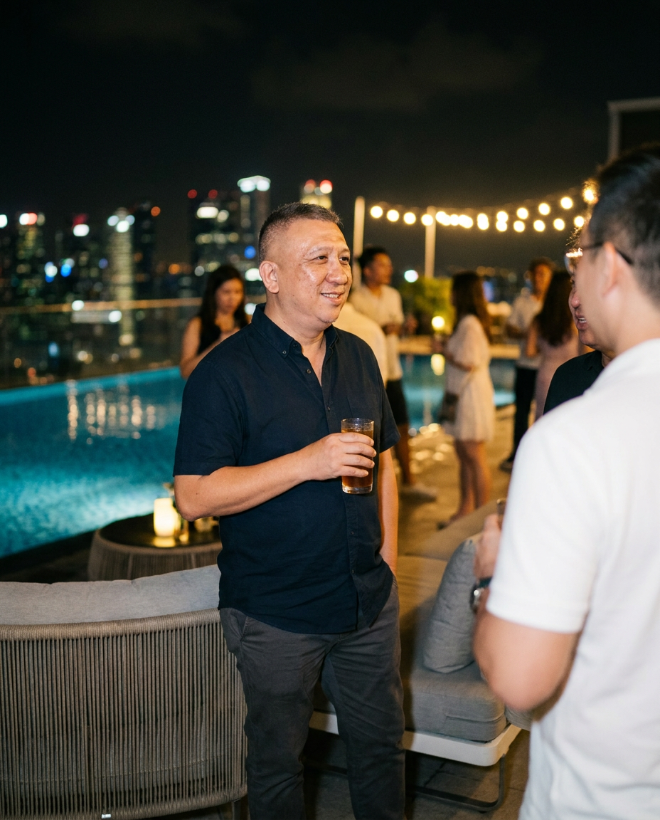 Night pool party guest portrait near a rooftop pool and city skyline.
