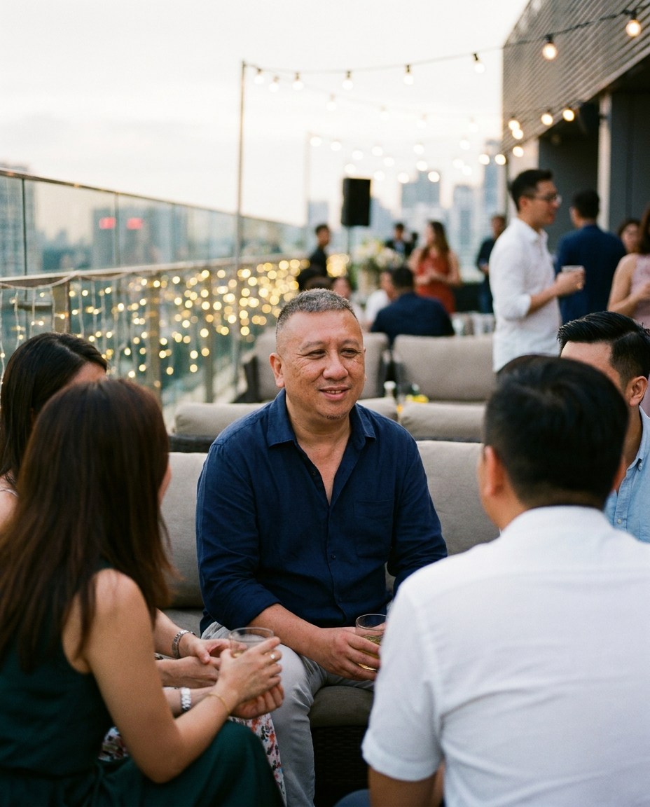 Rooftop party guest portrait seated in an outdoor lounge area.