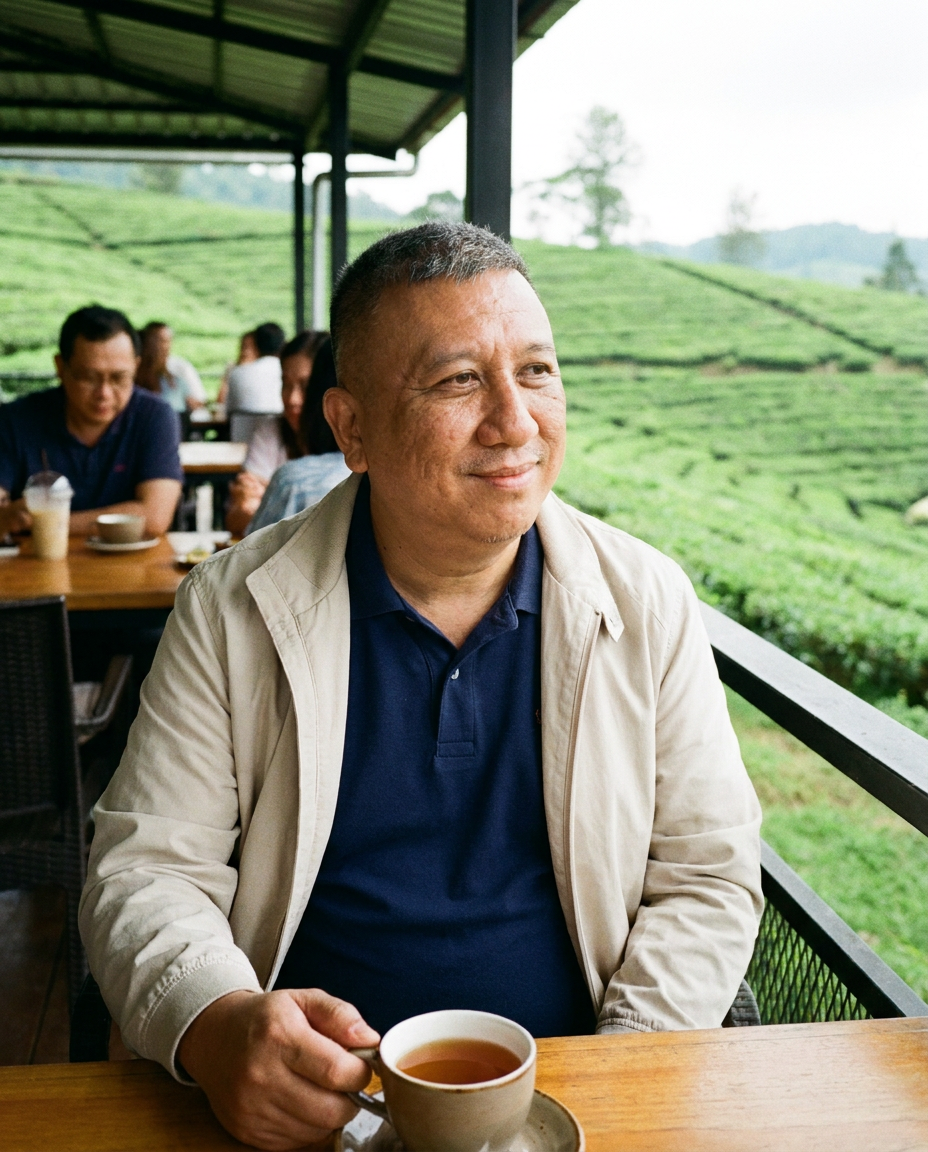 Tea plantation visitor portrait seated at a cafe terrace.